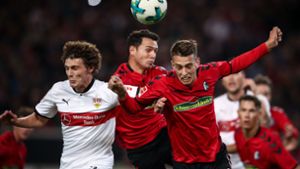 Benjamin Pavard trifft zum 2:0 für den VfB Stuttgart gegen den SC Freiburg. Foto: Bongarts