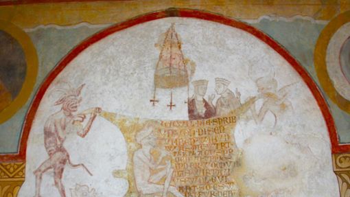 „Das geht auf keine Kuhhaut“: Diese Wandmalerei in der Kirche St. Georg auf der Reichenau illustriert ein bekanntes Sprichwort. Foto: Uli Fricker/Uli Fricker