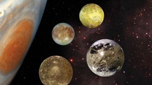 Im Jahr 1610 entdeckte der italienische Gelehrte Galileo Galilei die vier großen Monde Io (oben rechts), Europa (oben links), Ganymed (unten links) und Kallisto (unten rechts), die deshalb auch als Galileische Monde bezeichnet werden. Foto: Nasa/JPL-Caltech