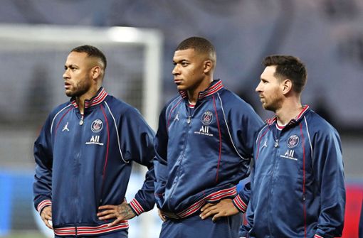 Die Superstars von der Seine: Neymar, Kylian Mbappé und Lionel Messi (v.li.). Foto: imago images/Xinhua