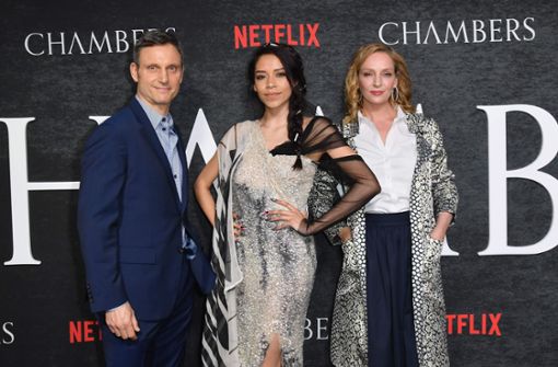 Tony Goldwyn, Sivan Alyra Rose und Uma Thurman bei der Premiere der Netflix-Produktion „Chambers“ in New York. Foto: AFP