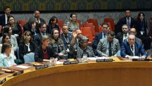 Die us-amerikanische UN-Botschafterin Linda Thomas-Greenfield (M) stimmt im Weltsicherheitsrat gegen einen Resolutionsentwurf für einen Waffenstillstand im Gazastreifen. Foto: Seth Wenig/AP/dpa