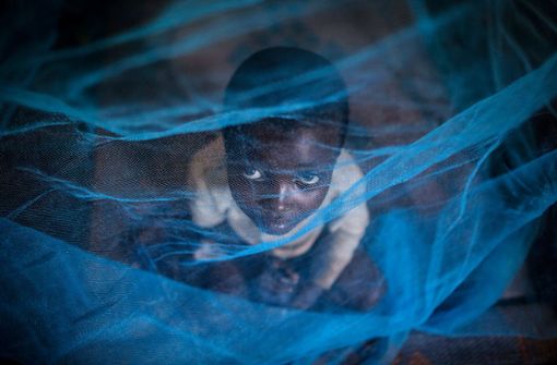 Ein Flüchtlingskind aus Burundi sitzt in Gashora (Ruanda) unter einem Moskitonetz gegen Malaria. Foto: Dai Kurokawa/dpa