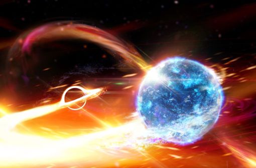Künstlerische Darstellung eines Schwarzen Lochs, das einen Neutronenstern verschlingt. Forscher haben nach eigenen Angaben erstmals beobachtet, wie ein Schwarzes Loch einen Neutronenstern verschlingt. Foto: Carl Knox/OzGrav ARC/ANU College of Science/dpa