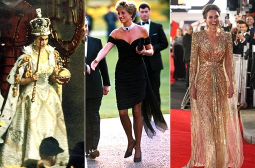 Drei Kleider, die unvergessen sind (von links): Queen Elizabeth II. in ihrer Krönungsrobe, Prinzessin Dianas „Revenge Dress“ und Herzogin Kate im „Bond-Kleid“. Foto: imago/United Archives International/Zuma Press/i Images