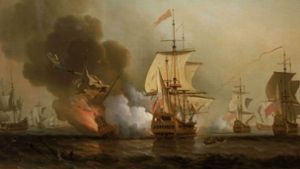 Seeschlacht von Cartagena am  28. Mai 1708: Das Ölgemälde des englischen Malers Samuel Scott (1702–1772) befindet sich im National Maritime Museum in London und zeigt die  Explosion der San José. Foto: National Maritime Museum/Greenwich/London/Caird Collection