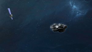 Die Computersimulation zeigt die Raumsonde Hera im Anflug auf den Asteroiden Didymoon. Foto: Mark Fittock OHB/OHB SE/dpa