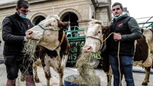 Französische Bauern protestieren in Lyon vor dem Rathaus gegen die Entscheidung, in Schulmensen nur noch ein vegetarisches Gericht anzubieten. Foto: AFP/OLIVIER CHASSIGNOLE