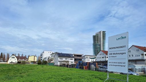 Grüne Wiese, wo eigentlich längst gebaggert werden sollte – das Projekt Bruckäcker  sorgt für Streit zwischen der  Stadt Fellbach und der Firma Layher. Foto: Dirk Herrmann