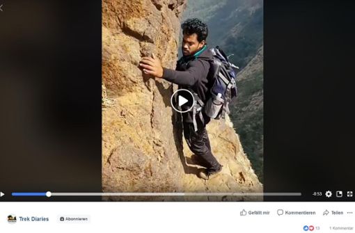 Lebensgefährlich und atemberaubend: Der Inder Kahlid Mulla wandert in den Sahyadri-Bergen im Westen Indiens. Sein Freund Swapnil Jagtap hat ihn dabei gefilmt. Foto:  Screenshot/www.facebook.com/trekdiariestrekkers/videos