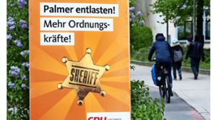 Die Tübinger CDU spielt auf ihrem Wahlkampfplakat auf die Sheriffaktion des Oberbürgermeisters an. Boris Palmer hatte sich mit einem  Studenten angelegt und den Dienstausweis gezückt. Foto:  