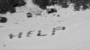 Bemerkenswertes Zeugnis ihres Willens, gefunden zu werden: Help mit Palmwedeln auf Sand geschrieben. Foto: U.S. Coast Guard/dpa