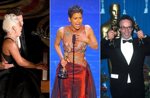 Drei große Oscar-Momente (von links): Lady Gaga und Bradley Cooper im Duett (2019), Halle Berrys Dankesrede (2002) und ein vollauf begeisterter Roberto Benigni (1999). Foto: AFP/AP/Imago