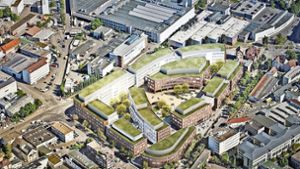 Die Gebäude mit der Dachbegrünung  sollen  auf dem Bosch-Büroareal   entstehen. Die Zugangswege und Platz   werden  öffentlich zugänglich sein. Foto: Hascher Jehle Architektur