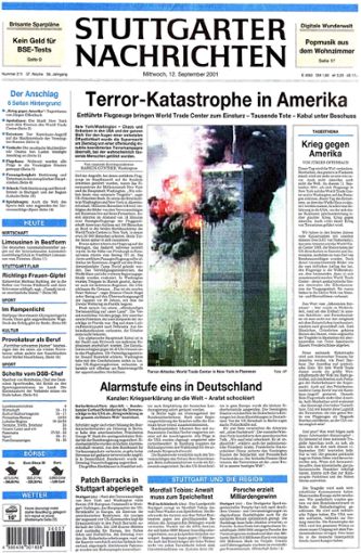 Der Tag danach: Die Titelseite der Stuttgarter Nachrichten vom 12. September 2001.