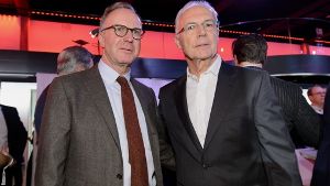 Karl-Heinz Rummenigge (links) und Franz Beckenbauer beim DFL-Neujahrsempfang. Foto: Bongarts