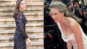 Spaniens Königin Letizia trägt graue Strähnen, Andie MacDowell (rechts) hat mit ihrem Look einen ganzen Trend gestartet. Foto: imago images/Independent Photo Agency Int./Alberto Terenghi/
