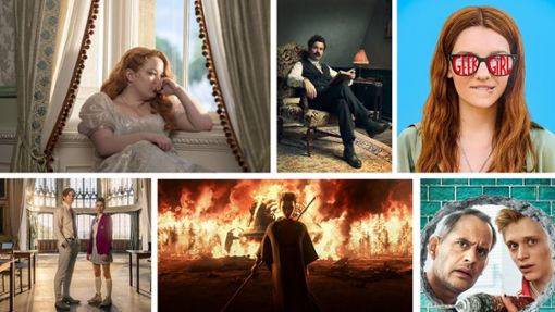 Einige unserer Streamingtipps im Mai: „Bridgerton“, „Ein Gentleman in Moskau“, „Geek Girl“, „Viktor bringt’s“, „Star Wars: Geschichten des Imperiums“ und „Maxton Hall“ (von links oben im Uhrzeigersinn) Foto: Netflix (2), Paramount+, / Prime Video (2), Disney+