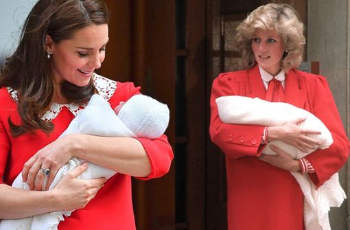 Zwischen diesen beiden Bildern liegen fast 34 Jahre: Herzogin Kate mit ihrem neugeborenen Sohn (links) – und Prinzessin Diana 1984 mit dem wenige Stunden alten Prinz Harry. Foto: AFP/dpa