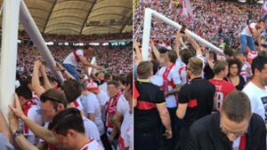 Hier zerstören VfB-Fans beim Platzsturm das Tor in der Cannstatter Kurve. Foto: Markus Merz