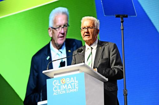 Ministerpräsident Winfried Kretschmann spricht auf dem „Global Climate Action Summit“ in San Francisco. Foto: dpa
