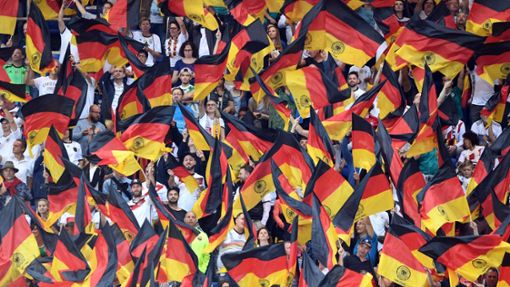 Fans schwenken Deutschlandfahnen auf der Tribüne. Foto: Uli Deck/dpa