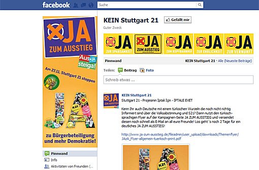 Professionelle Anti-S21-Kurzfilme, ein Plakat auf Türkisch: Die Facebook-Gruppe KEIN Stuttgart 21 hat fast 102.000 Fans - das verspricht einiges für die Volksabstimmung am Sonntag. Noch ... Foto: SIR (Screenshot)