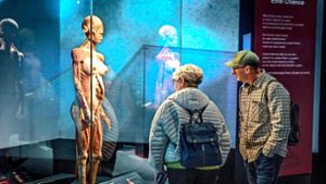 Zwei Besucher betrachten eines der ausgestellten Plastinate in den Königsbau-Passagen. Foto: Lichtgut/Julian Rettig