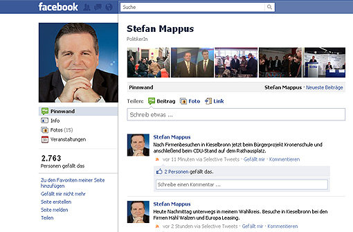 Der Facebook-Auftritt von Ministerpräsident Stefan Mappus (CDU). Auch sein ... Screenshot: SIR