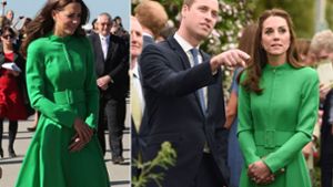 Ein Kleid, zwei Anlässe: Das grasgrüne Mantelkleid trug Herzogin Kate 2014 bei einem Besuch in Australien – und zwei Jahre später bei der Chelsea Flower Show. Foto: dpa