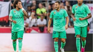 Grüne Männchen: Die Real-Profis Marcelo,  Eden Hazard und Eder Militao in ungewohnter Farbe Foto: imago//Jürgen Feichter