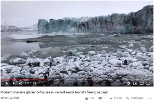 Ein Besucher hat den Moment gefilmt, in dem ein Teil des Breiðamerkurjökull abbricht und in den See stürzt. Die anschließende Flutwelle ist auf dem Foto deutlich zu sehen. Foto: Screenshot YouTube/www.youtube.com/watch?v=fTldGhntdgY