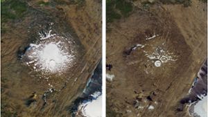 Linkes Bild: 14. September 1986. Luftaufnahme des damals noch existierenden Okjökull-Gletscher auf dem Gipfel des Vulkans Ok. Rechtes Bild: 1. August 2019. Vom geschrumpften und nicht mehr existierenden Gletscher ist nur ein kleiner Fleck aus Eis übrig geblieben. Foto: dpa