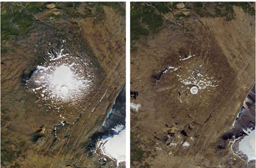 Linkes Bild: 14. September 1986. Luftaufnahme des damals noch existierenden Okjökull-Gletscher auf dem Gipfel des Vulkans Ok. Rechtes Bild: 1. August 2019. Vom geschrumpften und nicht mehr existierenden Gletscher ist nur ein kleiner Fleck aus Eis übrig geblieben. Foto: dpa