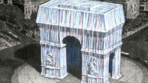 Der Arc de Triomphe  verschwindet 16 Tage  unter einem Stoffkleid – die Aufnahme zeigt eine von Christo angefertigte Zeichnung. Foto: AFP/ANDRE GROSSMANN