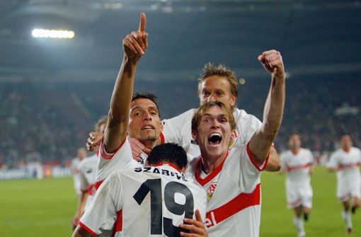 VfB 2003, Champions League,  2:1-Sieg  gegen  ManU:  Kuranyi,  Szabics, Hleb, Heldt  (v.li.) Foto: Baumann