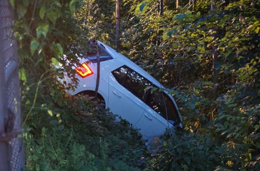 Die 20-Jährige hat einen Wildzaun durchbrochen und ist mit ihrem Auto an einer steilen Böschung hängen geblieben. Foto: SDMG