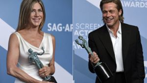 Jennifer Aniston wurde für „The Morning Show“ ausgezeichnet, Brad Pitt für „Once upon a Time in Hollywood“ Foto: dpa/Jordan Strauss