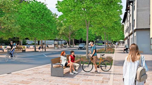 So könnte ein begrünter  und verkehrsberuhigter König-Wilhelm-Platz aussehen. Foto: Lebendige Ortsmitten für BW, 2024