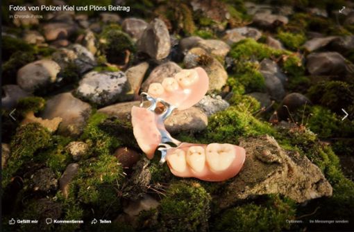 Die dritten Zähne der Seniorin (hier ein Originalfoto), die ihr auf das Vordach der Seniorenwohnanlage gefallen waren. Foto: Screenshot/facebook.com/Polizei-Kiel-und-Plön