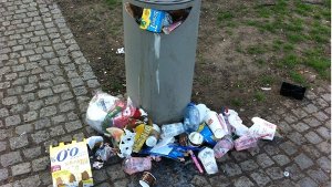 Am Eckensee quillt der Mülleimer über, Abfall wird achtlos daneben geworfen. Foto:  