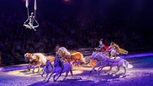Spektakulärer Höhepunkt in der Cavalluna-Show „Welt der Fantasie“: Die Ungarische Post tritt gegen einen Pferdewagen zum  Rennen  zwischen „Vernunft“ und „Zweifel“ an. Foto: Cavalluna