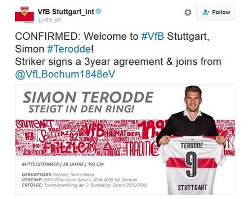 Der 28-Jährige Stürmer Simon Terodde wechselt vom VfL Bochum zum VfB Stuttgart. Foto: Twitter/VfB_int
