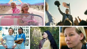 Einige der Gewinner und Verlierer der Golden Globes: „Barbie“, „Oppenheimer“, „Anatomie eines Falls“, „Poor Things“, „The Bear“ (von links oben im Uhrzeigersinn) Foto: Warner Bros., Universal, Plaion Pictures, 20th Century Fox, Hulu