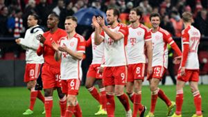 Die Spieler des FC Bayern München feiern den Einzug ins Viertelfinale der Champions League. Foto: Sven Hoppe/dpa