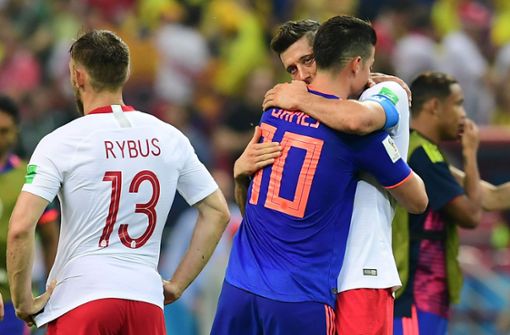 Bayern-Profis unter sich: James Rodriguez und Robert Lewandowski bei der WM 2018. Foto: AFP