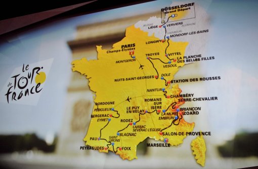 Die Karte zeigt den geplanten Verlauf der Tour de France 2017. Foto: AFP