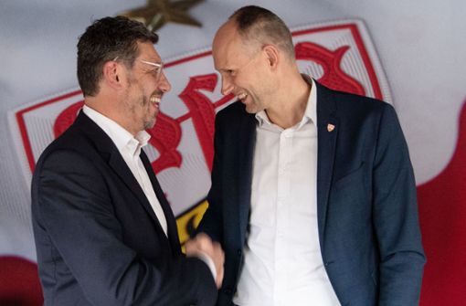 Claus Vogt (l.) und Christian Riethmüller sind die Kandidaten für das Präsidentenamt beim VfB Stuttgart – Vogt erteilte nun der Idee einer Doppelspitze eine Absage. Foto: dpa/Marijan Murat