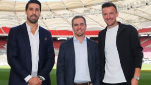 Sami Khedira und Philipp Lahm sind Berater des Vorstands, Christian Gentner (v. li.) ist bald Leiter der Lizenzspielerabteilung. Foto: Baumann/Julia Rahn