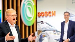 Die Bosch-Geschäftsführer Stefan Hartung (links) und Markus Heyn freuen sich über die große Nachfrage nach E-Autos. Foto: Bosch/Martin  Stollberg